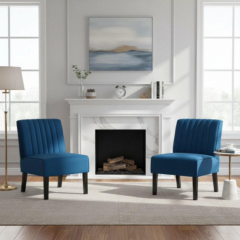 2 piece Channel tufted back slipper chair, Dark Blue