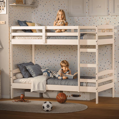 Detachable Bunk Bed Twin Over Twin, Solid Wood Bed Frame with High Guardrails and Integrated Ladder, Ideal for Kids and Teens, No Box Spring Needed