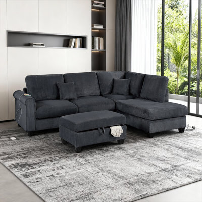 3-piece Sectional Sofa Set With Usb Charging & Storage Ottoman, Modern Corduroy Fabric