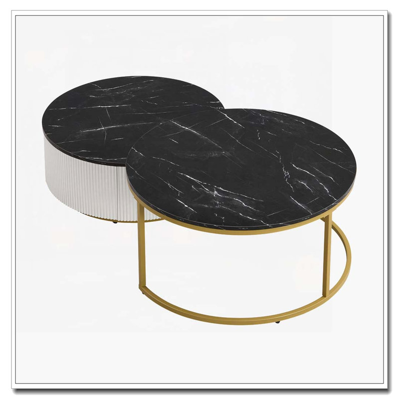 Table basse ronde gigogne cannelée avec tiroir, Noir
