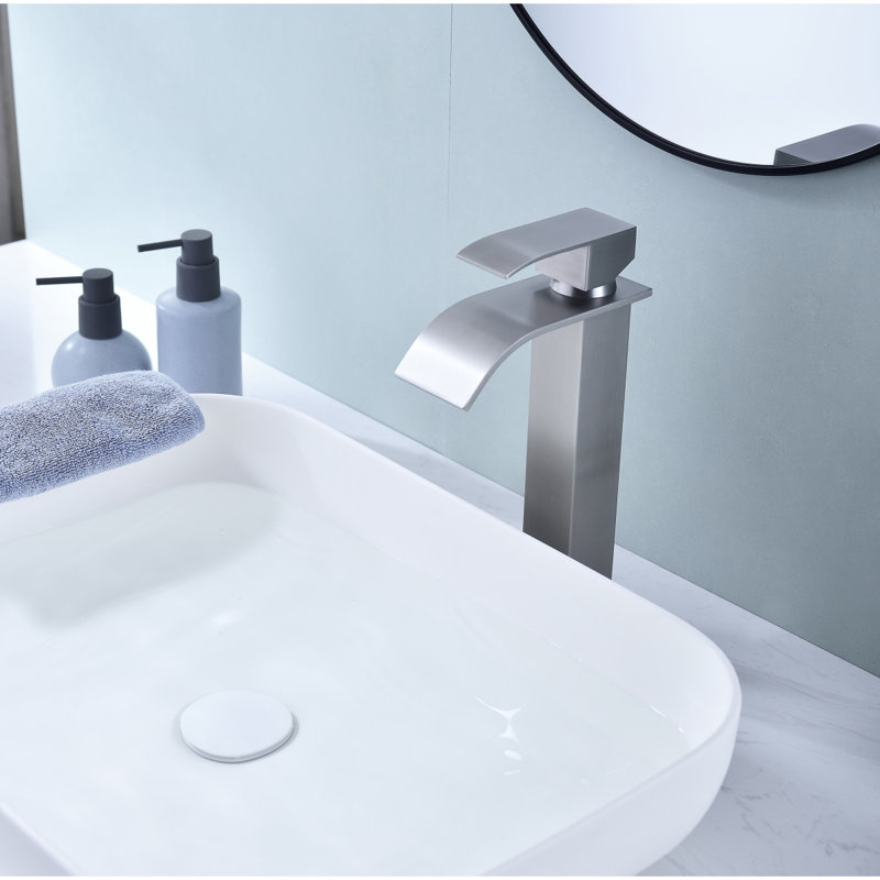 Waterfall Spout Bathroom Sink Single Handle Faucet With Pop-Up Drain (No Overflow), Brushed Nickel