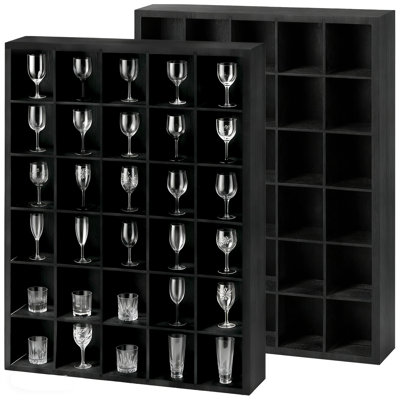 Paquet de 2 boîtes-présentoirs en bois noir à fixation murale - 30 fentes réglables et 2 tablettes amovibles pour verres à liqueur, bar et décoration de cuisine - 16,9 po x 12,2 po