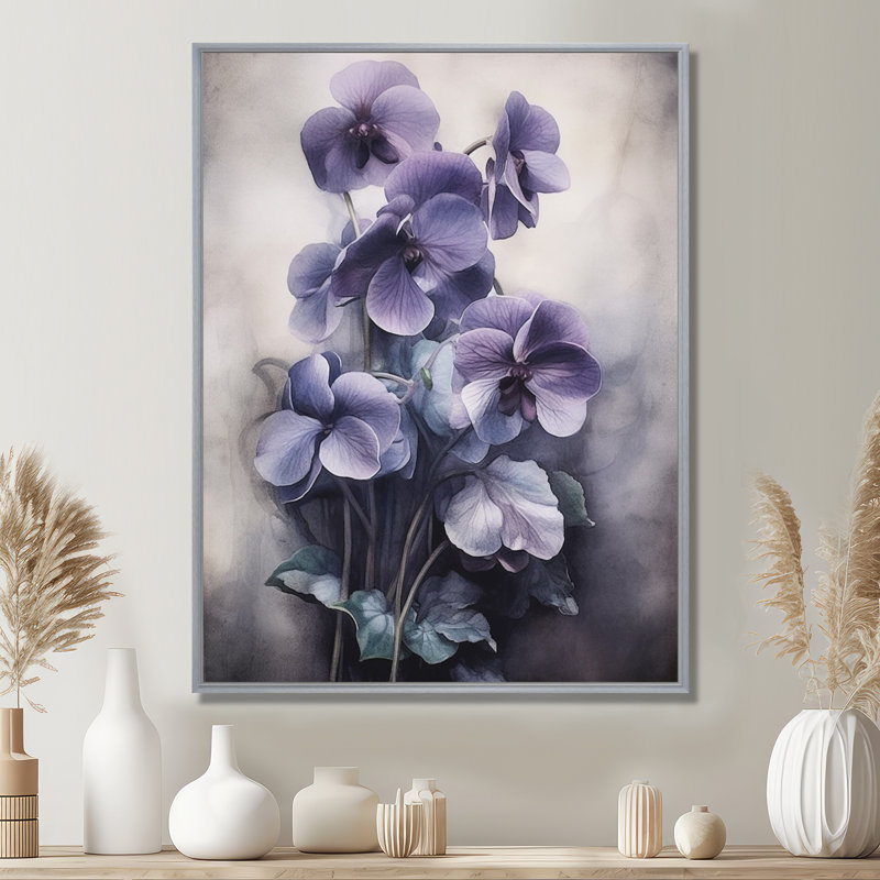 Mauve gris, violettes, rêve II - art mural floral, H 20 po x l 12 po x P 1 po, Cadre argenté flottant