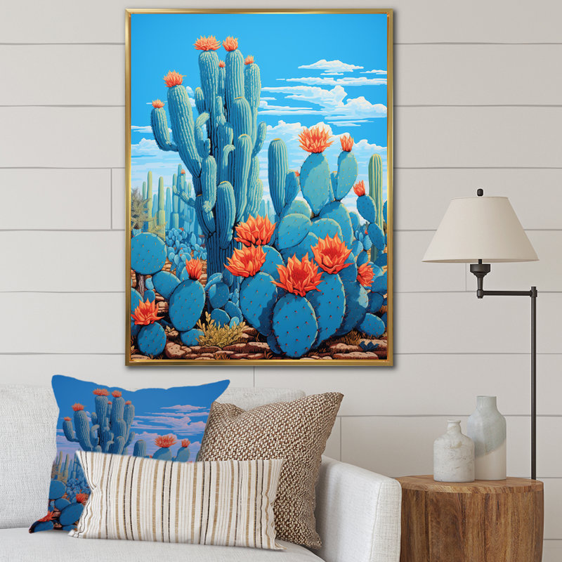 Cerulean Blue Cactus Collage sur toile, Cadre flottant doré, H 20 po x l 12 po x P 1 po