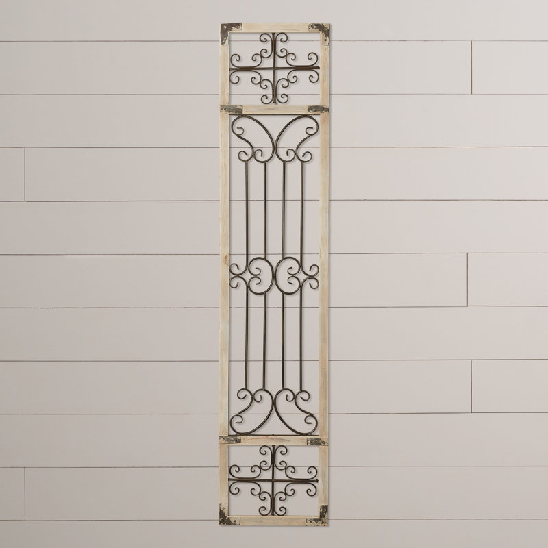 Wood Distressed Ornamental Panel Scroll Cream Wall Decor with Bronze Metal Wire Details