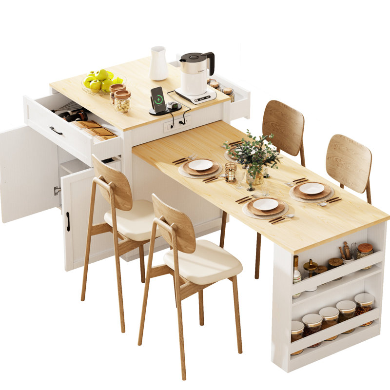 82.7 Inch Extendable Kitchen Island Dining Table For 2-6, White, Double Storage, 2 Ac Outlets, Port, Type-C Side Storage With 2-6 People, Double Lockable Wheels, Shelves, Elegant Design