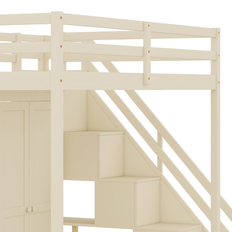 Loft Bed  With Storage Staircase, Dressing Table, Wardrobe, USB Charging Ports, Beige