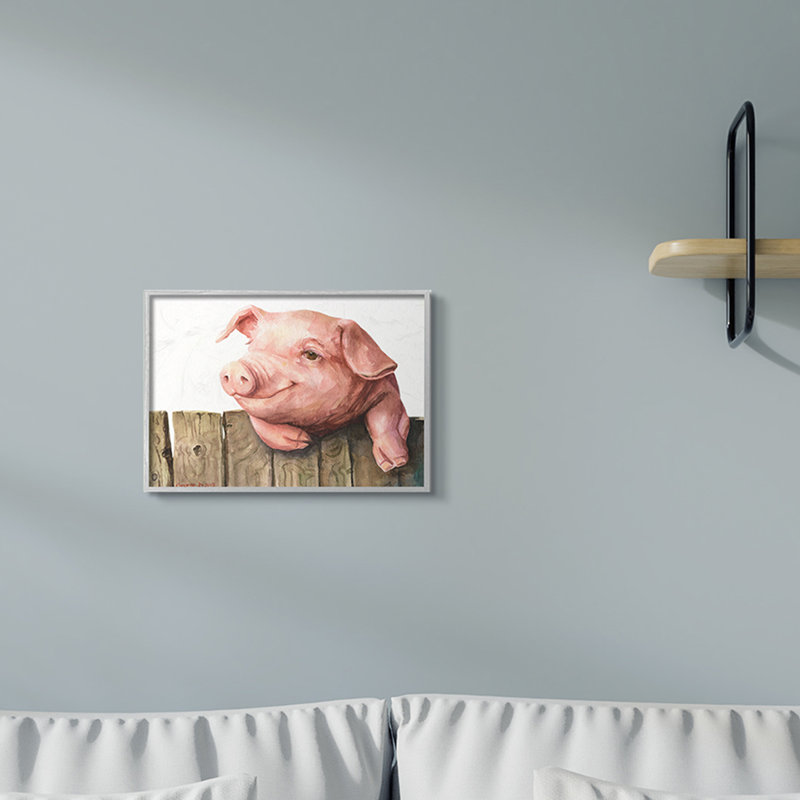 Porcelet sur une clôture en bois, animal de ferme rose, H 11 po x l 14 po x P 1,5 po, Giclée encadrée noir minuit