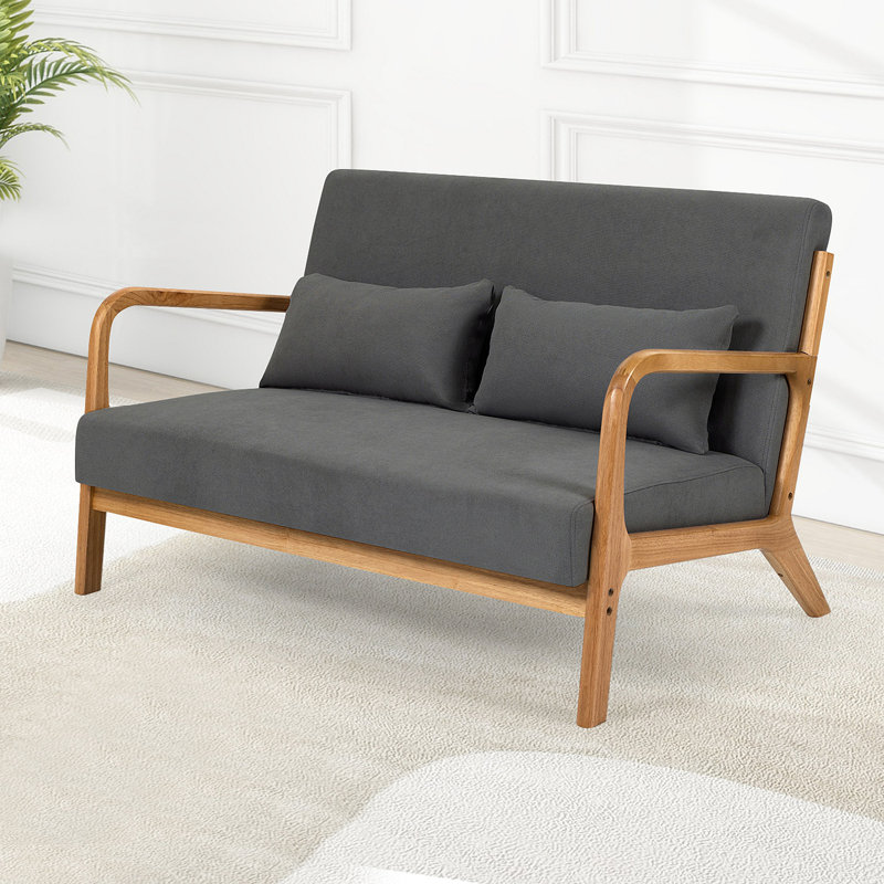 Fauteuil de loisir avec accoudoirs et pieds en bois massif, canapé d'appoint Mid-Century moderne, 2 places, Gris foncé