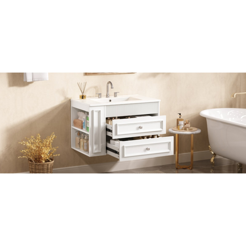 Meuble-lavabo mural moderne avec lavabo, panneau de fibres à densité moyenne et céramique, conception peu encombrante