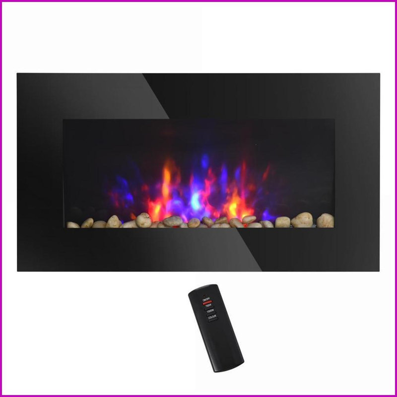Electric Wall-Mounted Fireplace, 28.5" 1500W with Flame Effect &amp; 7 Color LED | Black | Tempered Glass