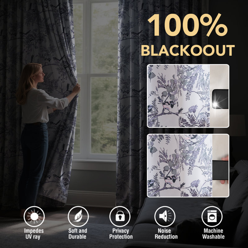 Ensemble de rideaux 100% occultant 2 panneaux avec colibris à imprimé floral pour chambre à coucher avec , Sauge