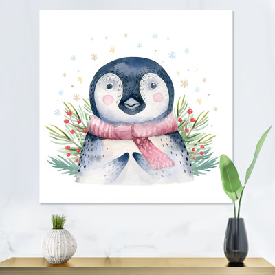 Portrait d'un bébé pingouin avec une écharpe rose - reproduction d'art sur toile pour enfants
