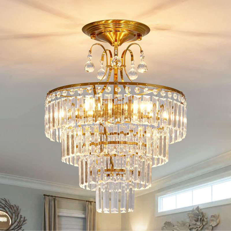 15.35" Modern Tiered Crystal Semi Flush Mount, 3 Finishes (Gold/Silver/Black), E14 Base, No Bulb, Gold