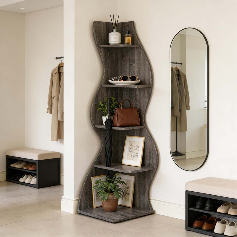 Élégante tablette d'angle à 5 niveaux avec des motifs d'herbe de mer, parfaite pour les espaces compacts et les solutions de rangement élégantes