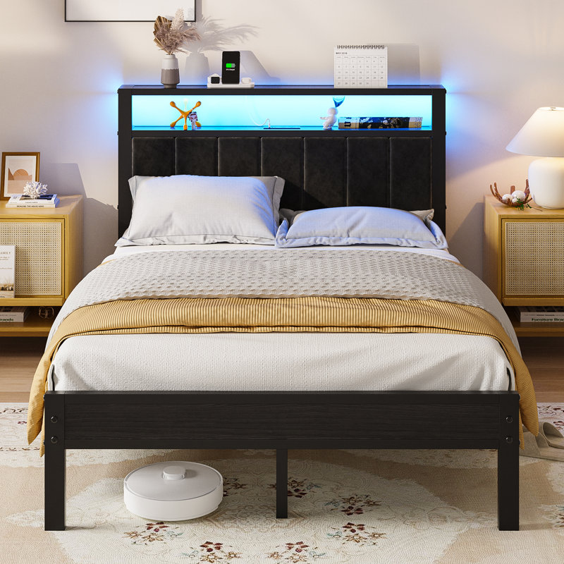 Platform Bed Frame With Led Lights Storage Headboard And Charging Station, Full, Black
