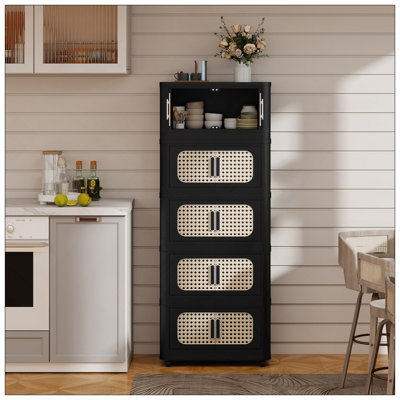Retro Black, armoire de rangement pliante latérale de 20 po de large, 4 niveaux, 19,69 po x 11,81 po x 40,55 po, bacs de rangement pliables avec porte magnétique, armoire de rangement en plastique avec roues