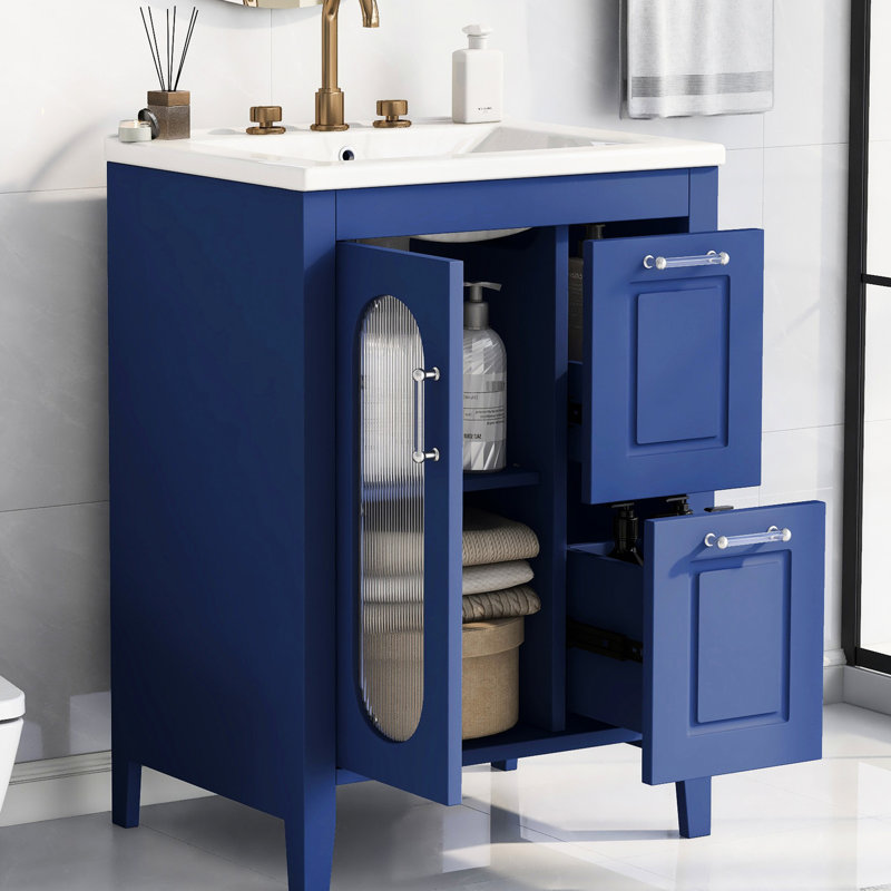 Meuble-lavabo 24 po avec lavabo, armoire bleue moderne avec deux tiroirs et porte, tablette réglable, espace de rangement en bois massif et évier de construction, tiroirs, porte