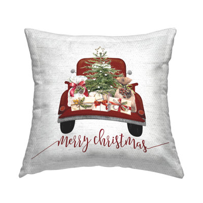 Merry Christmas Tree Truck Outdoor Printed Pillow by Lettered and Lined