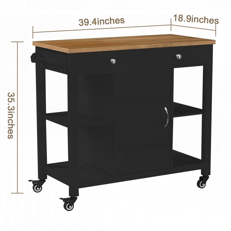 Chariot pour îlot de cuisine avec plateau en bois d'hévéa, roues verrouillables et solutions de rangement polyvalentes
