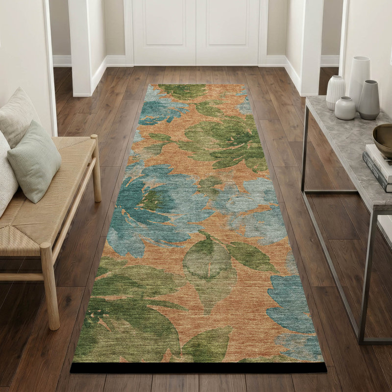 Tapis floral intérieur / extérieur lavable à la machine Chantille ACN3014, Terra Cotta