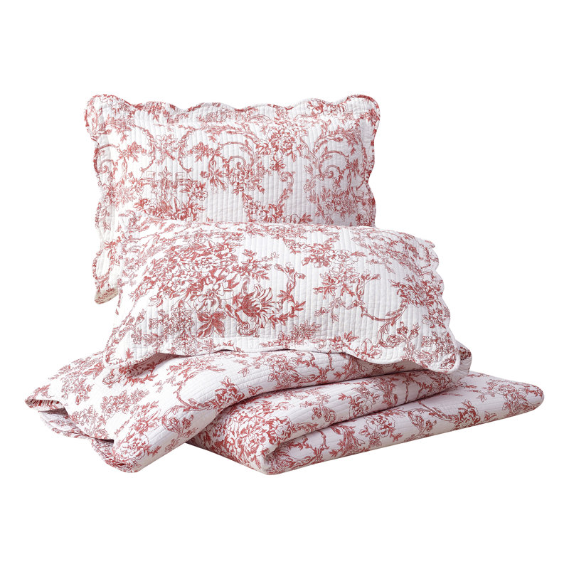 Red Full/Queen Cotton Reversible Quilt Set with Floral Print