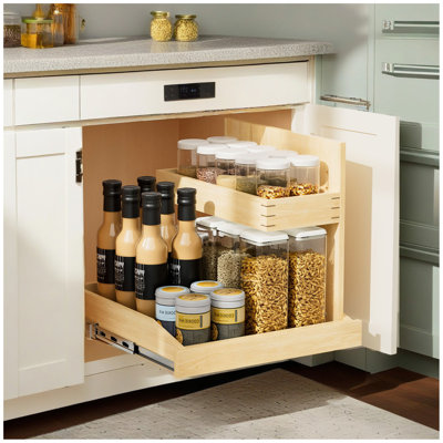 Organisateur sous évier et rangement l 22 ½ po x P 21 po, organisateur d'armoire coulissant à 2 niveaux avec fermeture rigide, organisateur d'armoire coulissant réglable avec support en U pour la cuisine de la salle de bain (à droite)