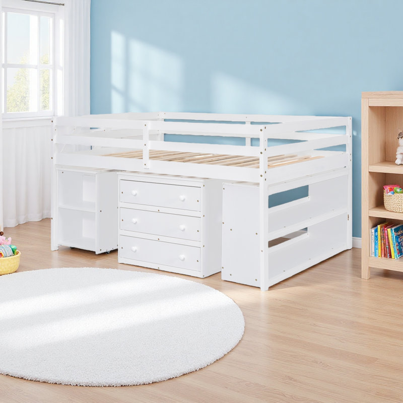 Lit mezzanine double avec bureau d'écriture rétractable et 3 tiroirs, Blanc