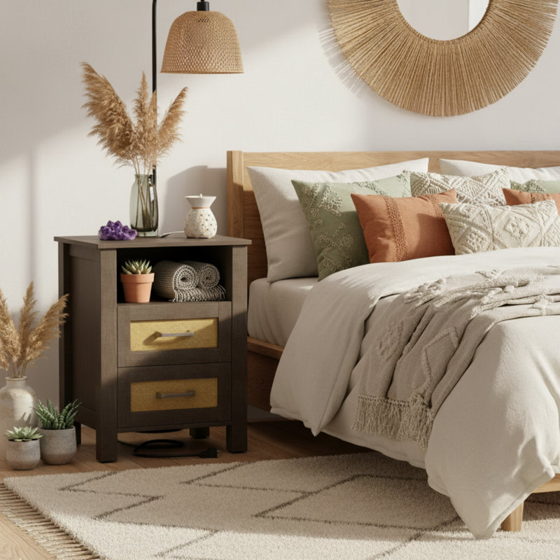 Boho Nightstand With Built-in Charging Station – 2 Ac Outlets, Usb-a & Usb-c, Dual Drawers & Open Shelf, Gray, 1