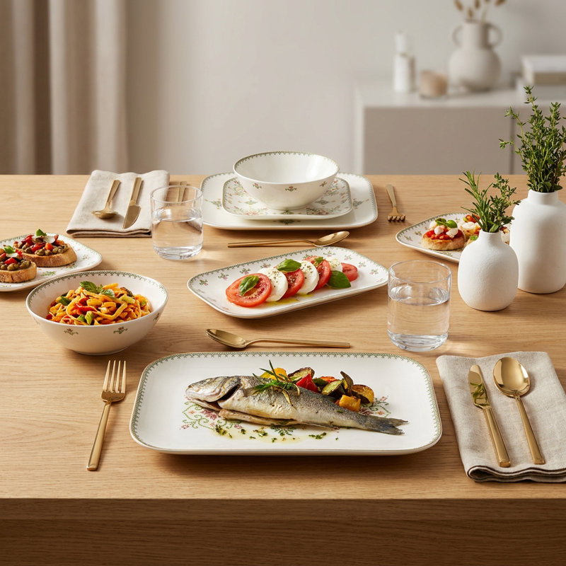Service de table en porcelaine Folkloric Stitch Green and Gold (service de 26 pièces pour 6 personnes)