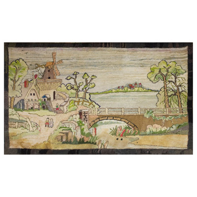 1940s Multi Scene Pictorial Folk Art American Hooked Rug 3'2"x5'6" Cotton Carpet