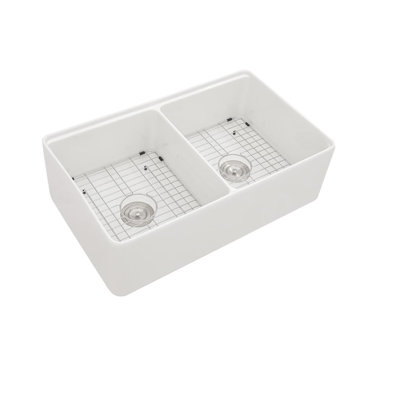 33 Inch Ceramic Sink Double Bowl Workstation - White, , To Scratches And , Space Farm Resistance, Kitchen
