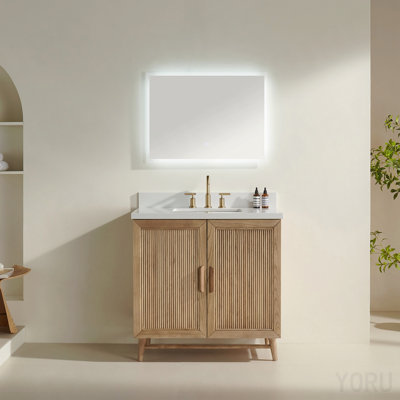 Meuble-lavabo de salle de bain autoportant 36 po entièrement assemblé en bois massif avec plateau blanc d'ingénierie entièrement assemblé