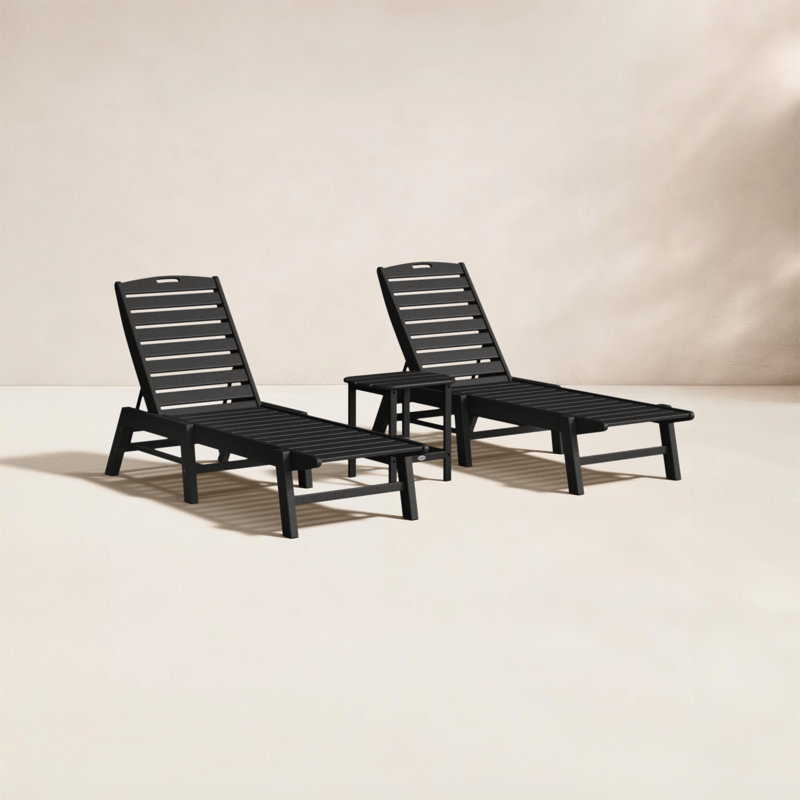 Nautical 3-Piece Chaise Lounge Set with South Beach 18" Side Table, Black