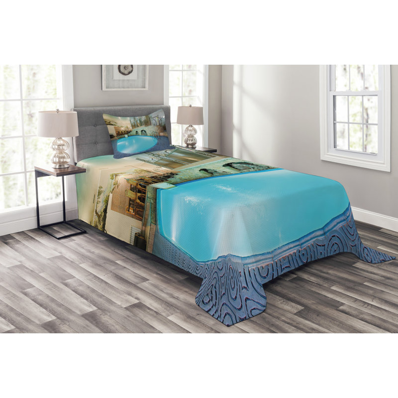 Addiley Blue/Beige Microfibre Bedspread Set, 170 x 220 cm Bedspread - 1 Sham