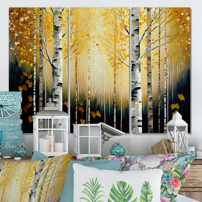 Golden Birch Trees Forest I - ensemble d'art mural sur toile paysage, H 28 po x l 36 po x P 1 po, Toile tendue
