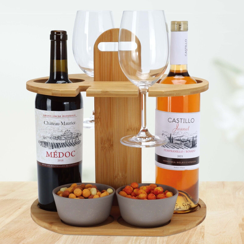 Unia 2 Bottle Tabletop Wine Bottle & Glass Rack Brown