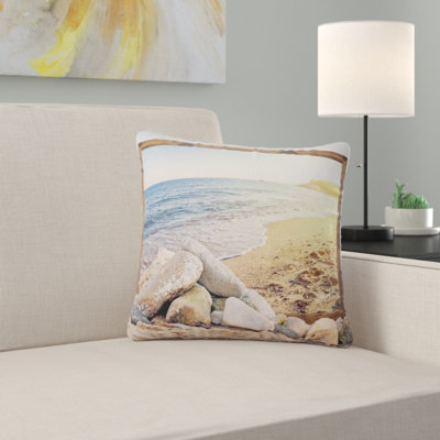 Design Art Framed Effect Beach Rocks - Beaches Printed Pillow In Blue