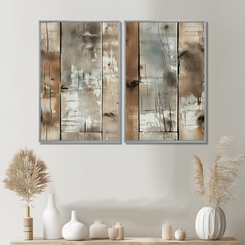 Planche de bois rustique rustique - décoration murale brune, 36" H x 48" W, Impression encadrée flottante, Silver