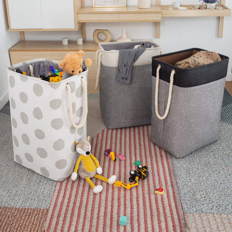 Canvas Rolling Laundry Bin with Handles, White/Grey