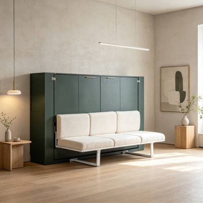 Lit escamotable double pleine grandeur avec canapé intégré, compartiments de rangement latéraux, prise USB et prise de courant, lumières DEL encastrées