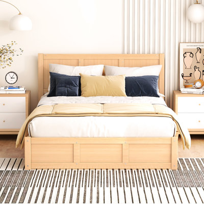 Lit plateforme en bois avec espace de rangement inférieur et 2 tiroirs - stable, couleur naturelle, meubles de chambre à coucher