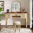 46"  Vintage Makeup Vanity With  Curved Flower Frame Mirror, Elegant Dressing Table With 5 Drawers And Leather Stool, Vanity Desk With Solid Wood Legs And Antique Handles For Bedroom