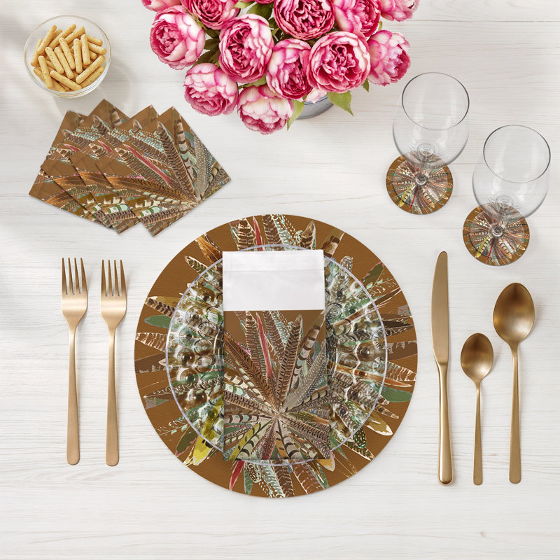 Pheasant Feathers Vegan Leather Round Pebble Placemat, Porto