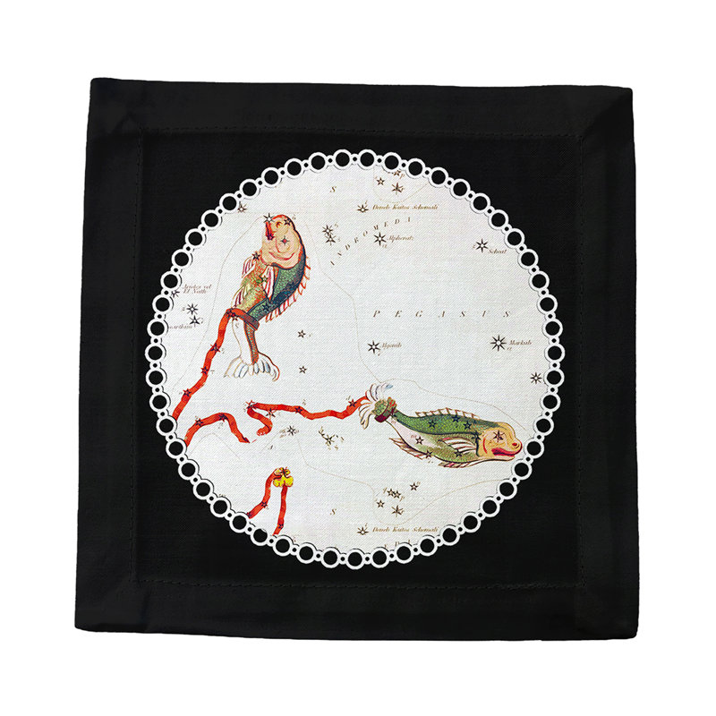 Zodiac Pisces Cotton Sateen Cocktail Napkins, Black