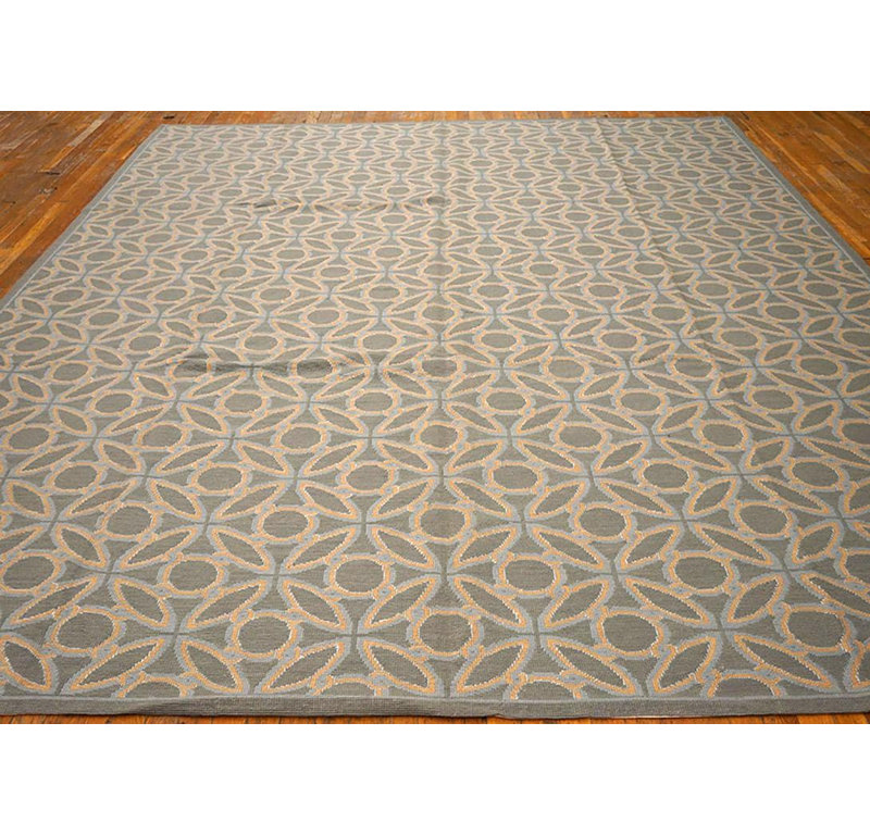 Grand Blue-Orange Circles-Geometric Pattern Needlepoint Flat Weave Rug 9 x 12