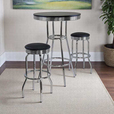 Defreitas Black and Chrome Finish 3-Piece High Table with Bar Stools, 40.62" H X 29.96" D X 29.61" L