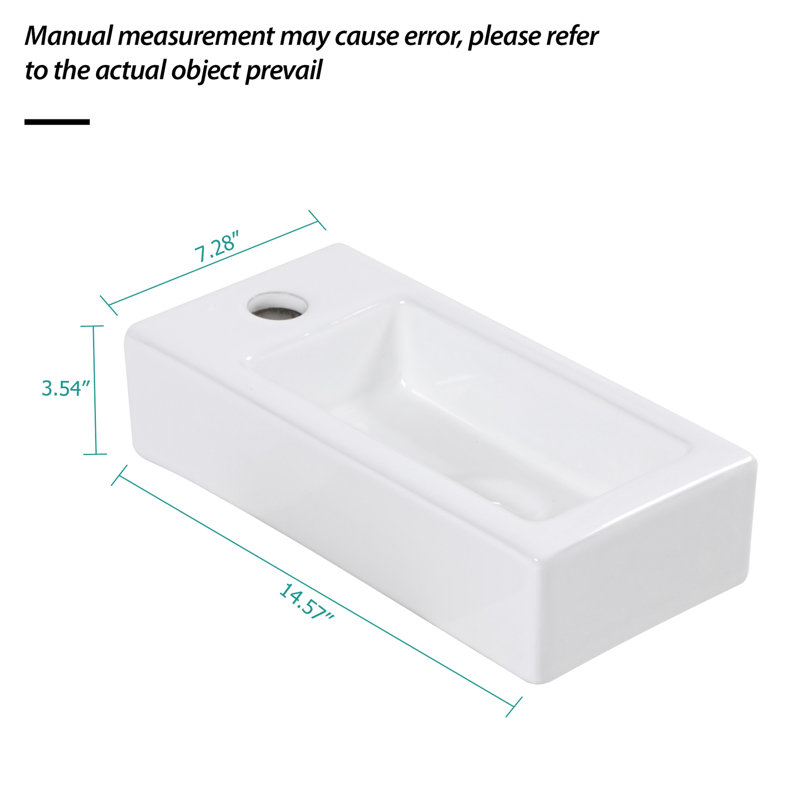 14.72"L X 7.08"W Bathroom Wall Mount Sink - White Ceramic Rectangular, Stain , Low Water Absorbency, Acid Resistance, Modern Enchanting With Faucet Hole 14.72X7.08 Inch Rectangular Mounted Sink,