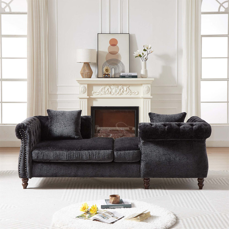 Chaise longue d'intérieur en chenille de 81 po avec coussins et motif Guesno, Chenille noir