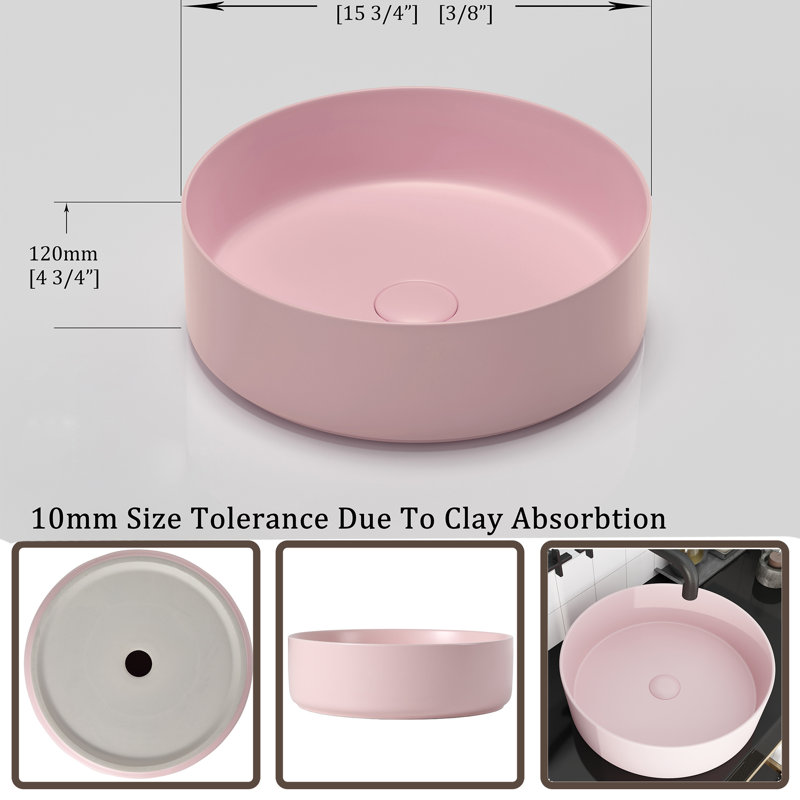 WATERMONY 15.7'' Ceramic Circular Bathroom Sink, Pink